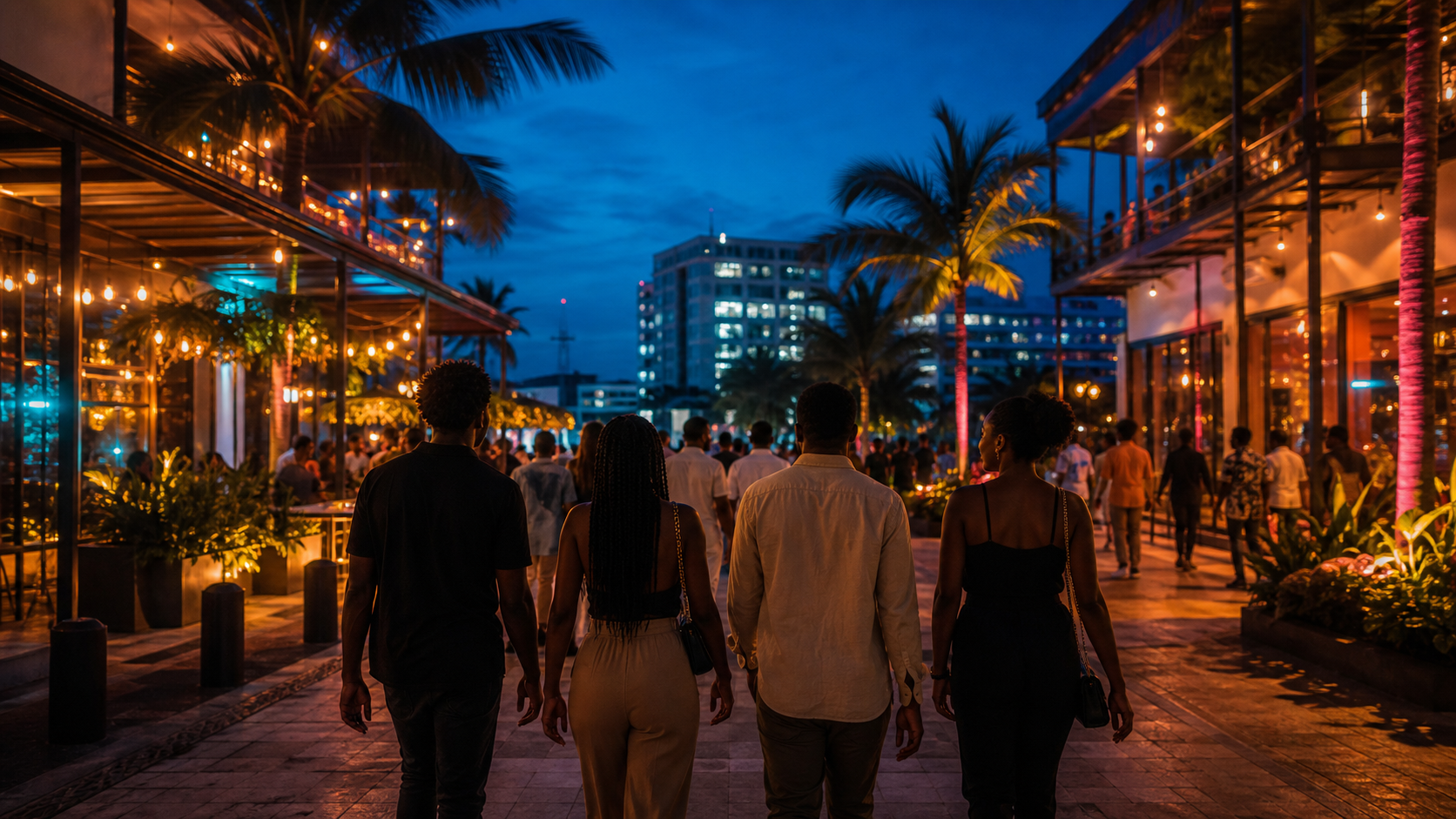 Friends walking through a live venue district at night