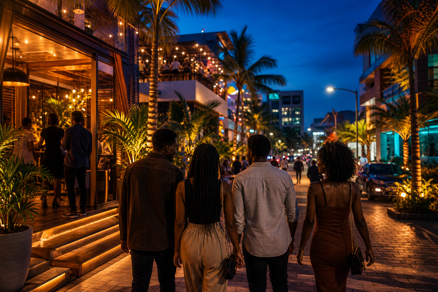 Friends discovering active venues in the city at night