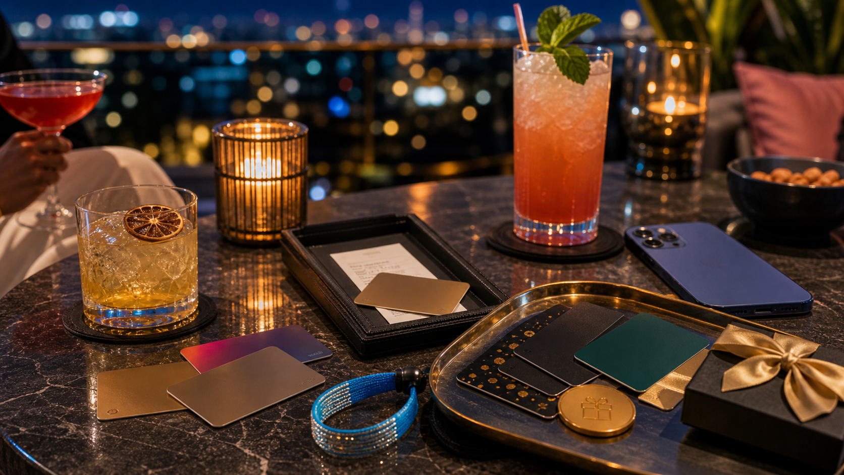 A colorful rewards scene with cocktails, loyalty cards, and city lights.