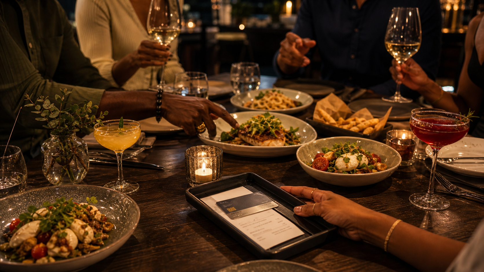Friends at a colorful dinner table planning a shared group payment.
