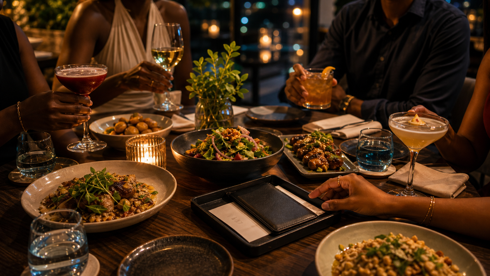Friends splitting a dinner bill on their phones