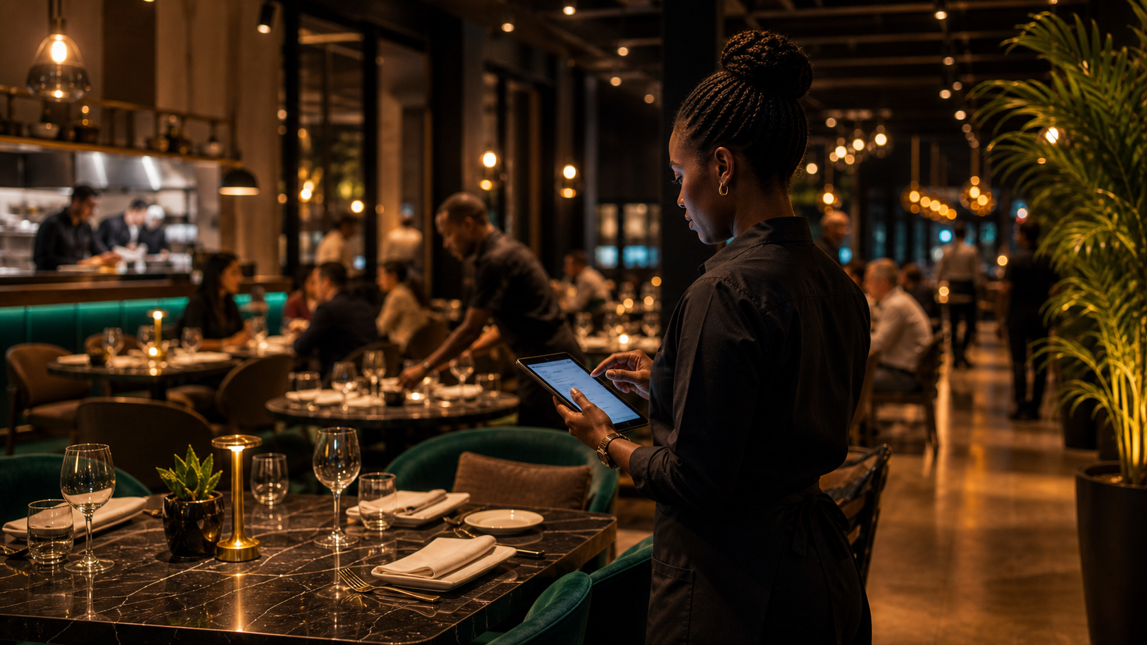 Venue staff reviewing digital payment and tip status during service.