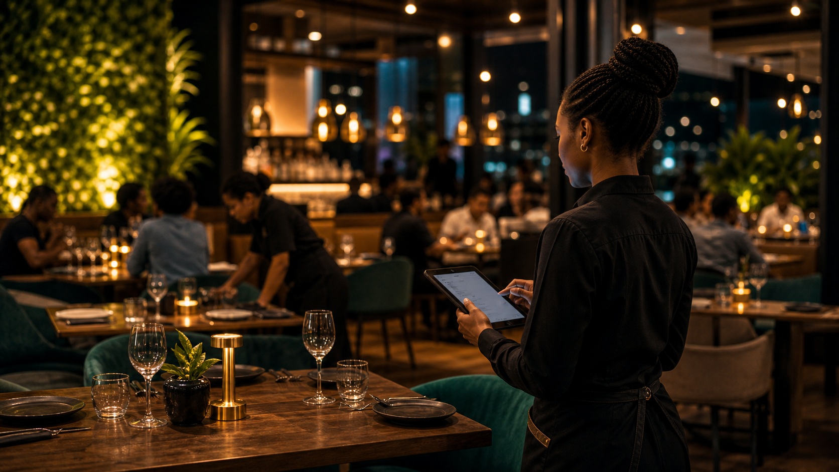 Restaurant staff member using a tablet while guests dine in a polished dining room.