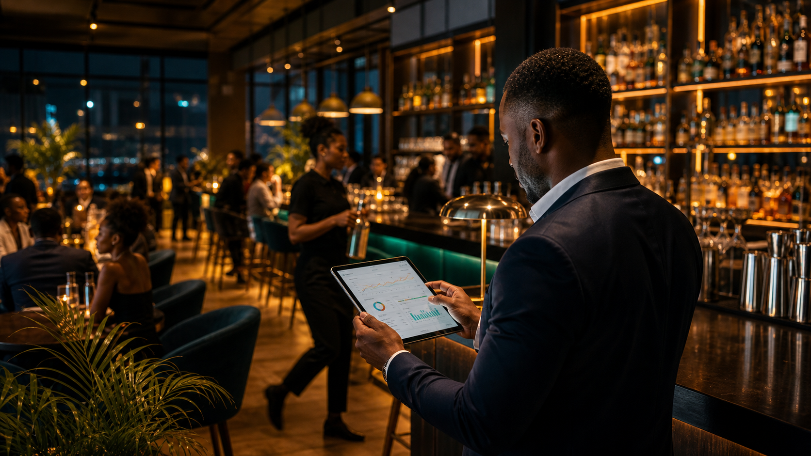 Venue manager reviewing a live dashboard while a premium bar fills behind them.