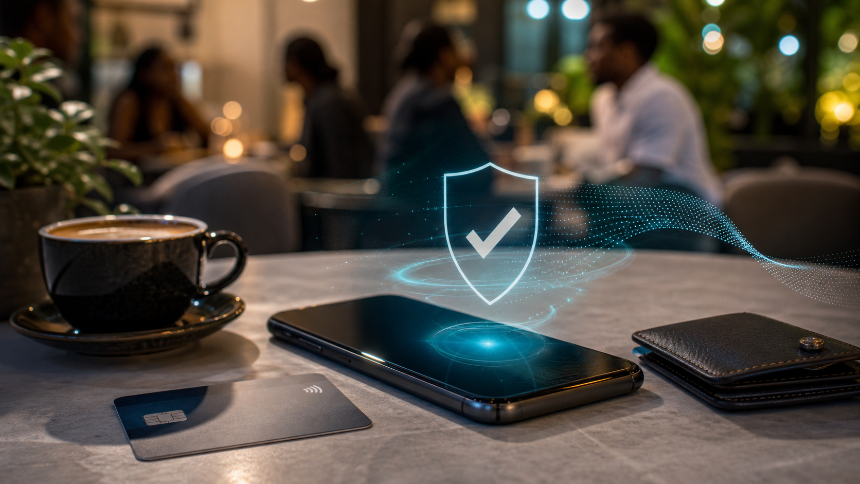 A trusted mobile payment confirmation glowing in a nightlife setting.