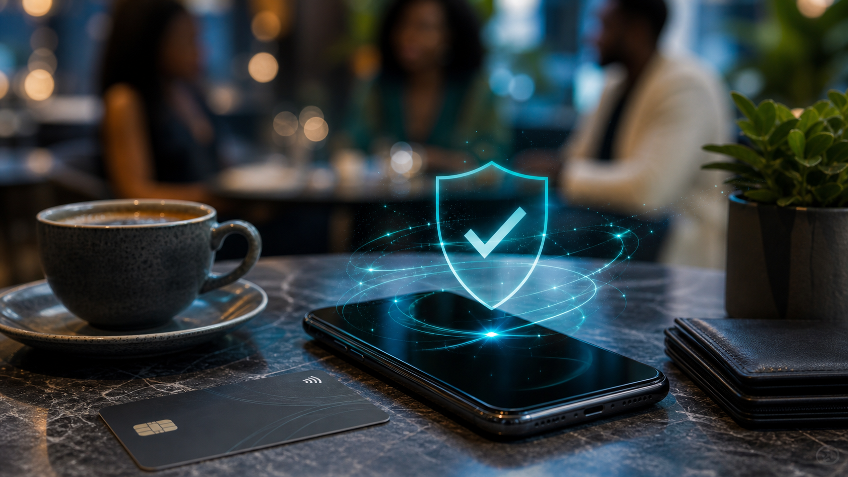 Secure mobile payment moment with a glowing verification mark on a phone.
